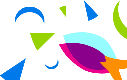 Colourful fish surrounded by abstract shapes in green and blue.